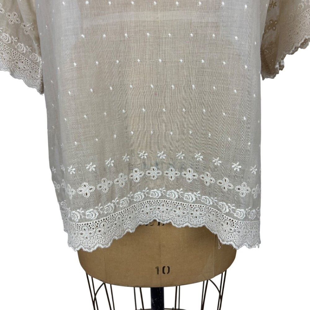 Vintage 70s Sheer Shirt Womens Large Beige Dotted Embroidered Mandarin Tunic - Picture 4 of 11